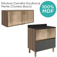 Armario Aereo E Balcao 1 Porta 2 Gavetas Vidro Mdf Kali Nicioli Carvalho Toq Chumbo