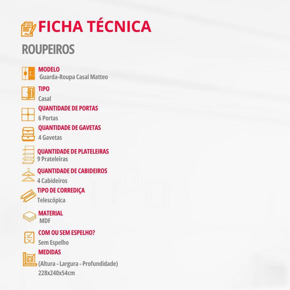 Guarda Roupa Casal Matteo 100%mdf 6pts 4gvts Moderna Mobília Naturalle - 6