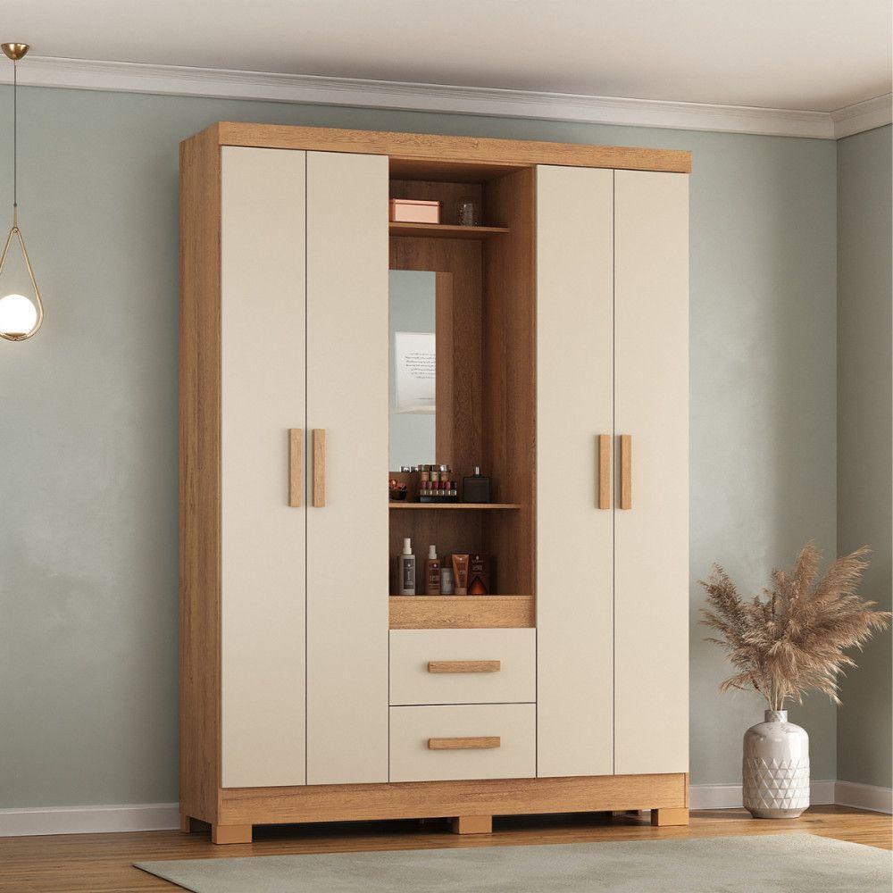 Guarda Roupa Solteiro 4 Portas Com Espelho Capelinha Atualle Canelato Rustico Com Off White - 2