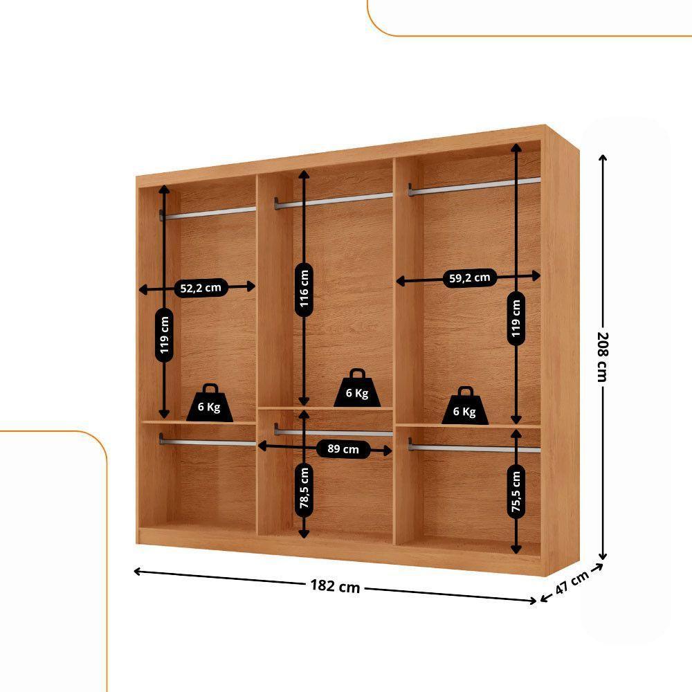 Guarda Roupa Casal Connor Mdf 3pts De Correr Moderna Mobília Naturalle - 3