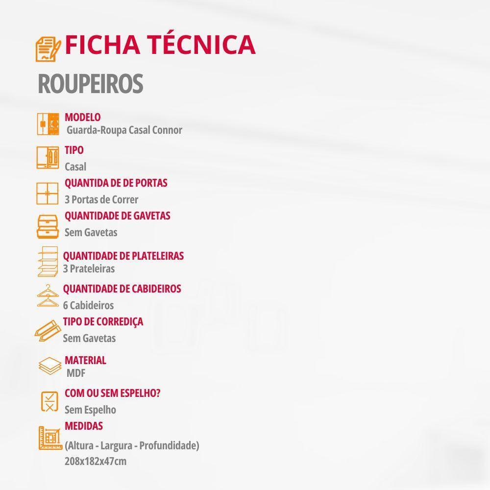 Guarda Roupa Casal Connor Mdf 3pts De Correr Moderna Mobília Naturalle - 6