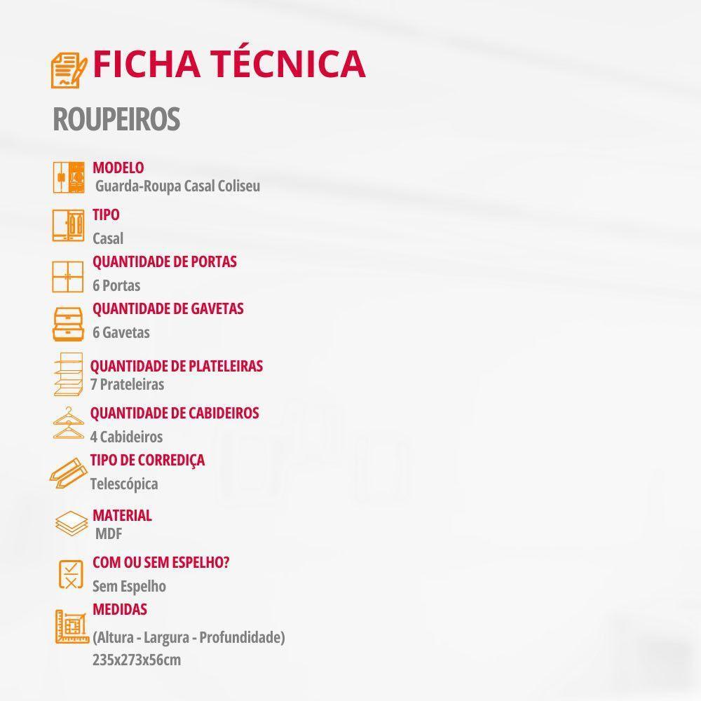 Guarda Roupa Casal Coliseu Mdf 6 Pts 6 Gvts Moderna Mobília Naturalle - 3