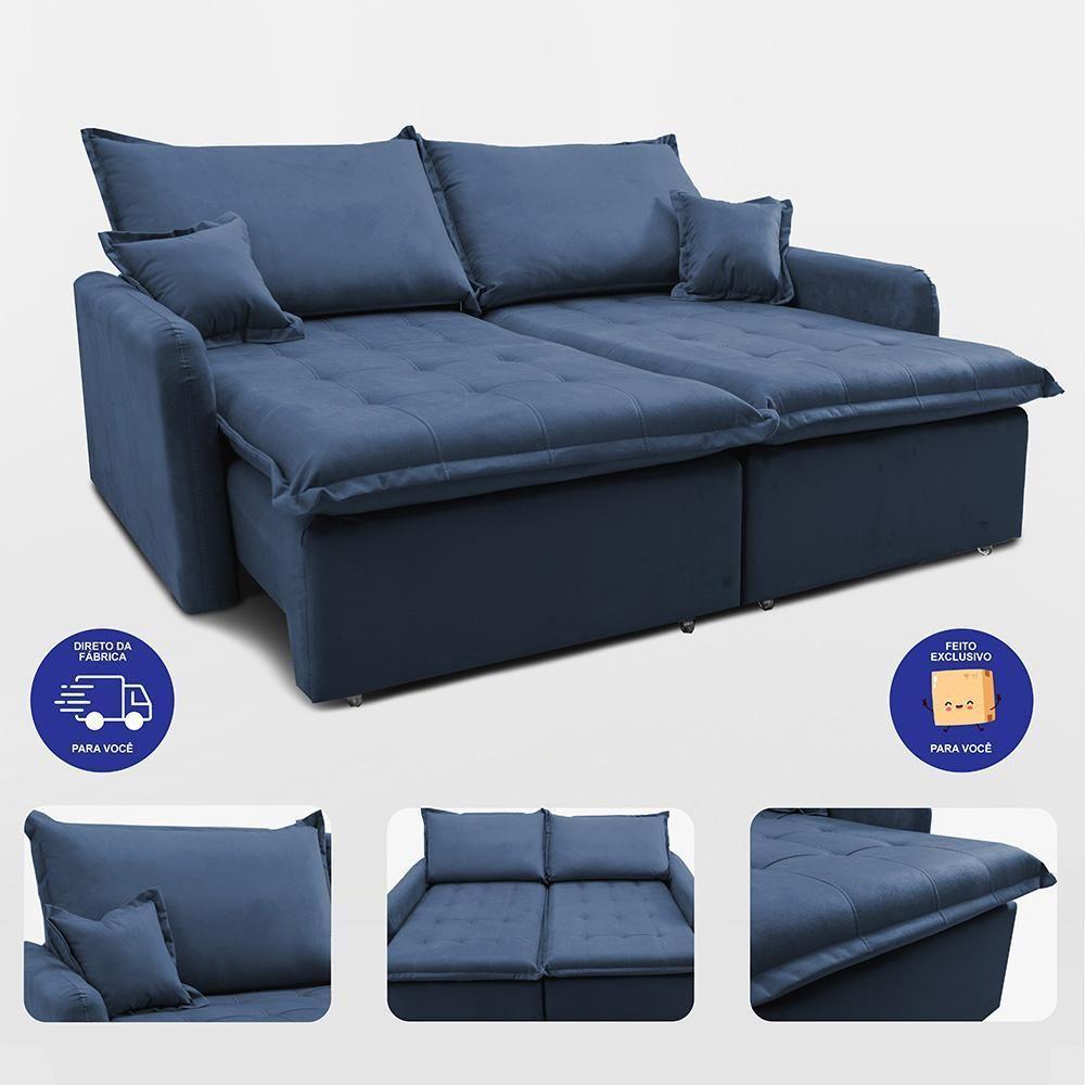 Sofá Sem Caixa Retrátil 1,60m Softgel Luna Velusoft Azul Cama Inbox - 7