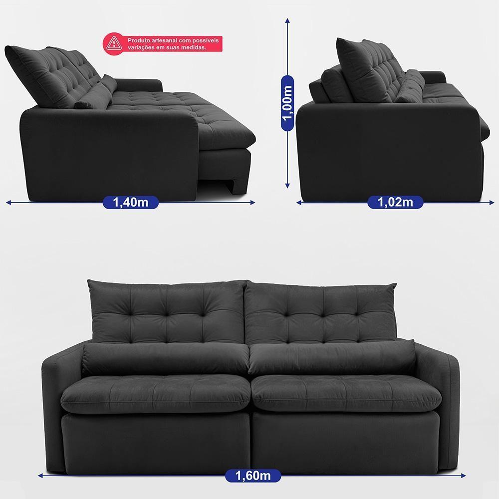 Sofá Sem Caixa Retrátil 1,60m Softgel Celeste Velusoft Preto Cama Inbox - 4