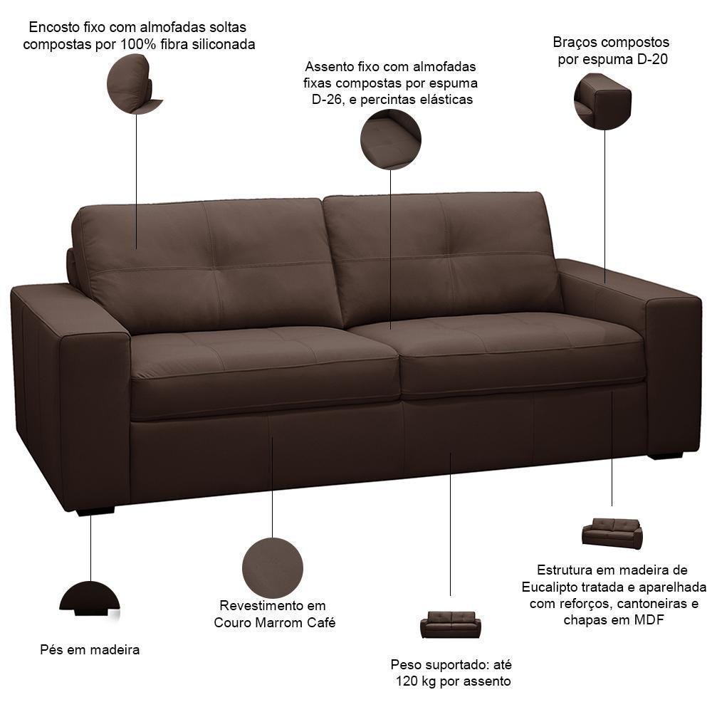 Sofá 3 Lugares Para Sala De Estar Living 235cm Vienne L06 Couro Marrom Café - Lyam Decor - 3