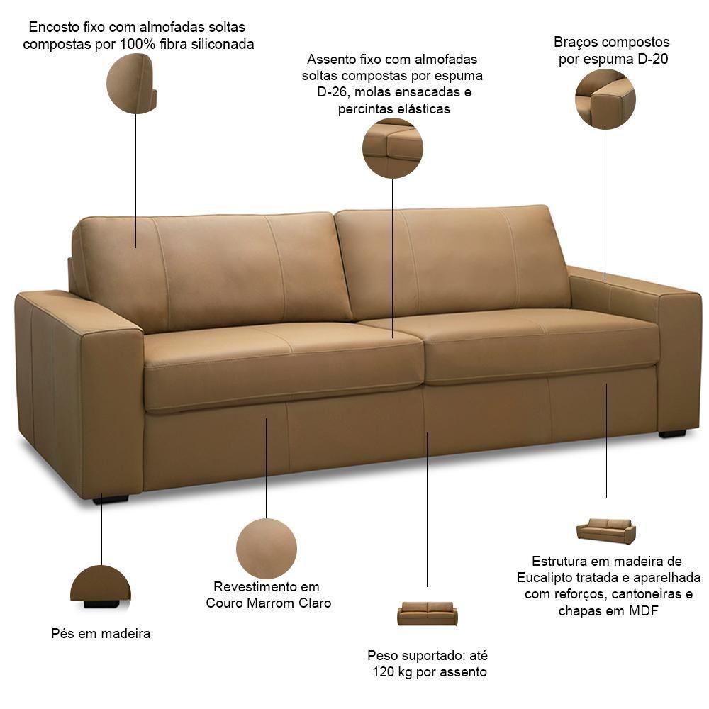 Sofá 3 Lugares Para Sala De Estar Living 205cm Aurora L06 Couro Marrom Claro - Lyam Decor - 3