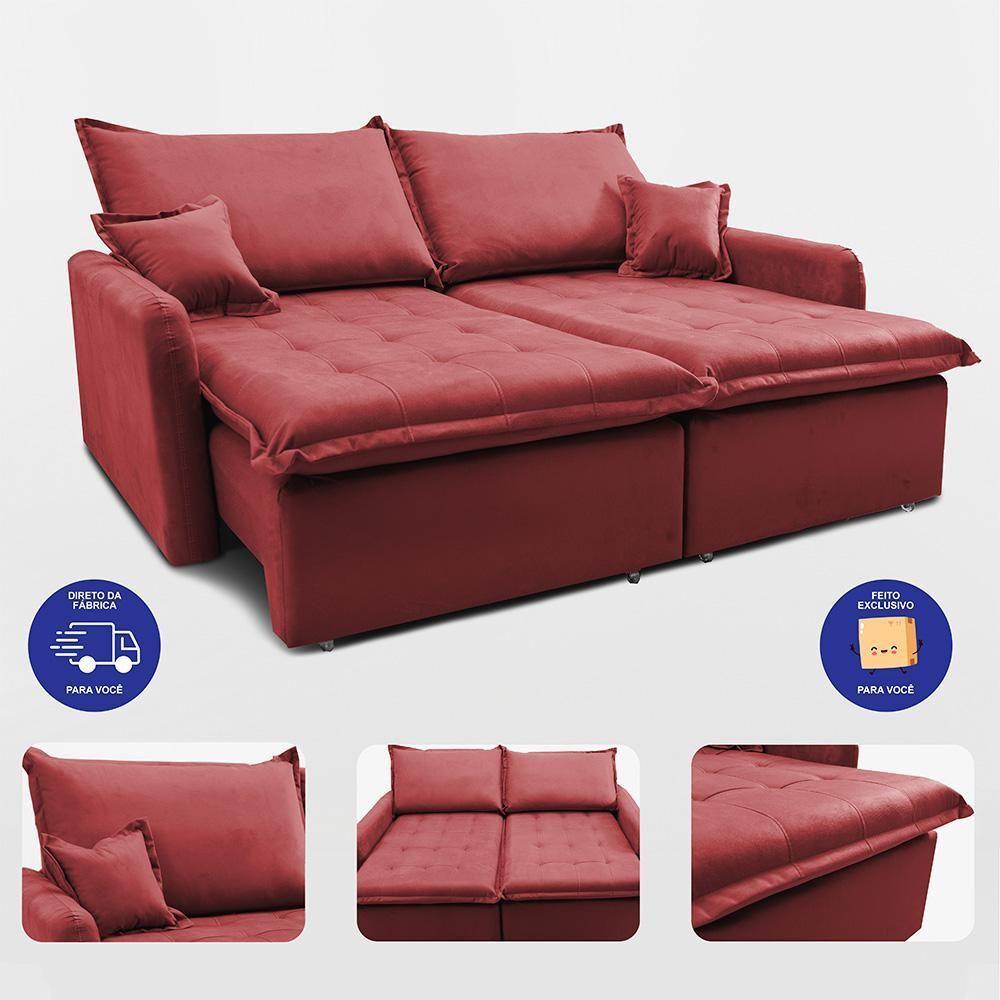 Sofá Sem Caixa Retrátil 1,80m Softgel Luna Velusoft Vermelho Cama Inbox - 3