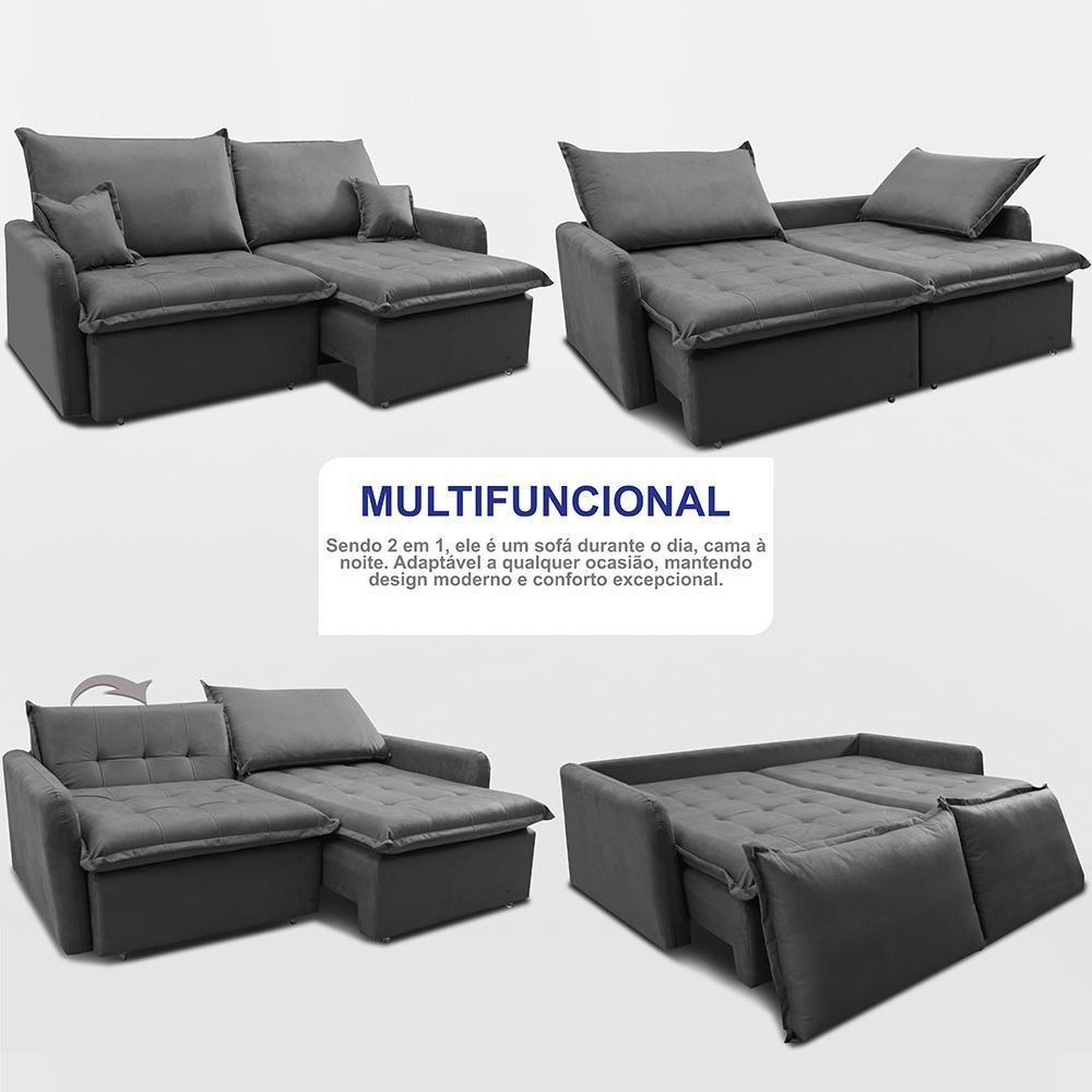 Sofá Sem Caixa Retrátil 1,80m Softgel Luna Velusoft Cinza Cama Inbox - 5