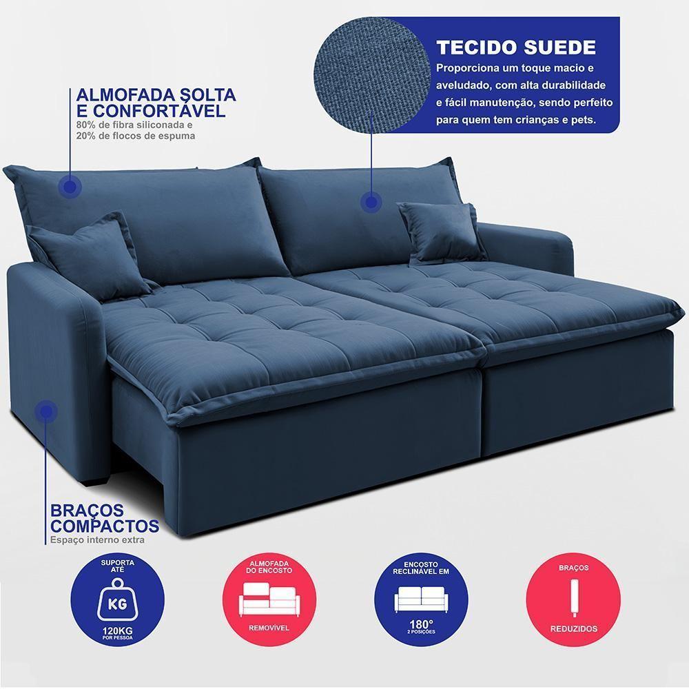 Sofá Sem Caixa Retrátil 1,80m Softgel Luna Velusoft Azul Cama Inbox - 3