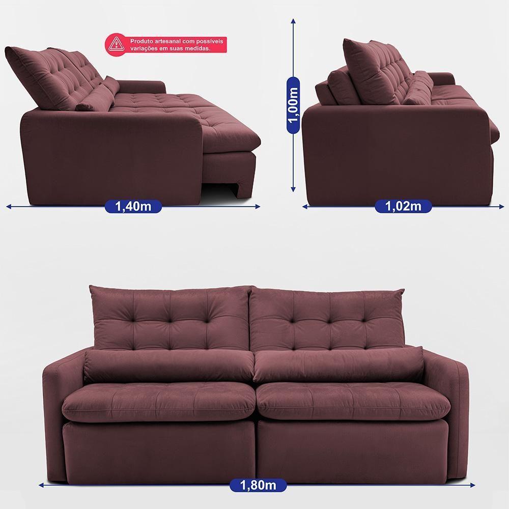 Sofá Sem Caixa Retrátil 1,80m Softgel Celeste Velusoft Vinho Cama Inbox - 4