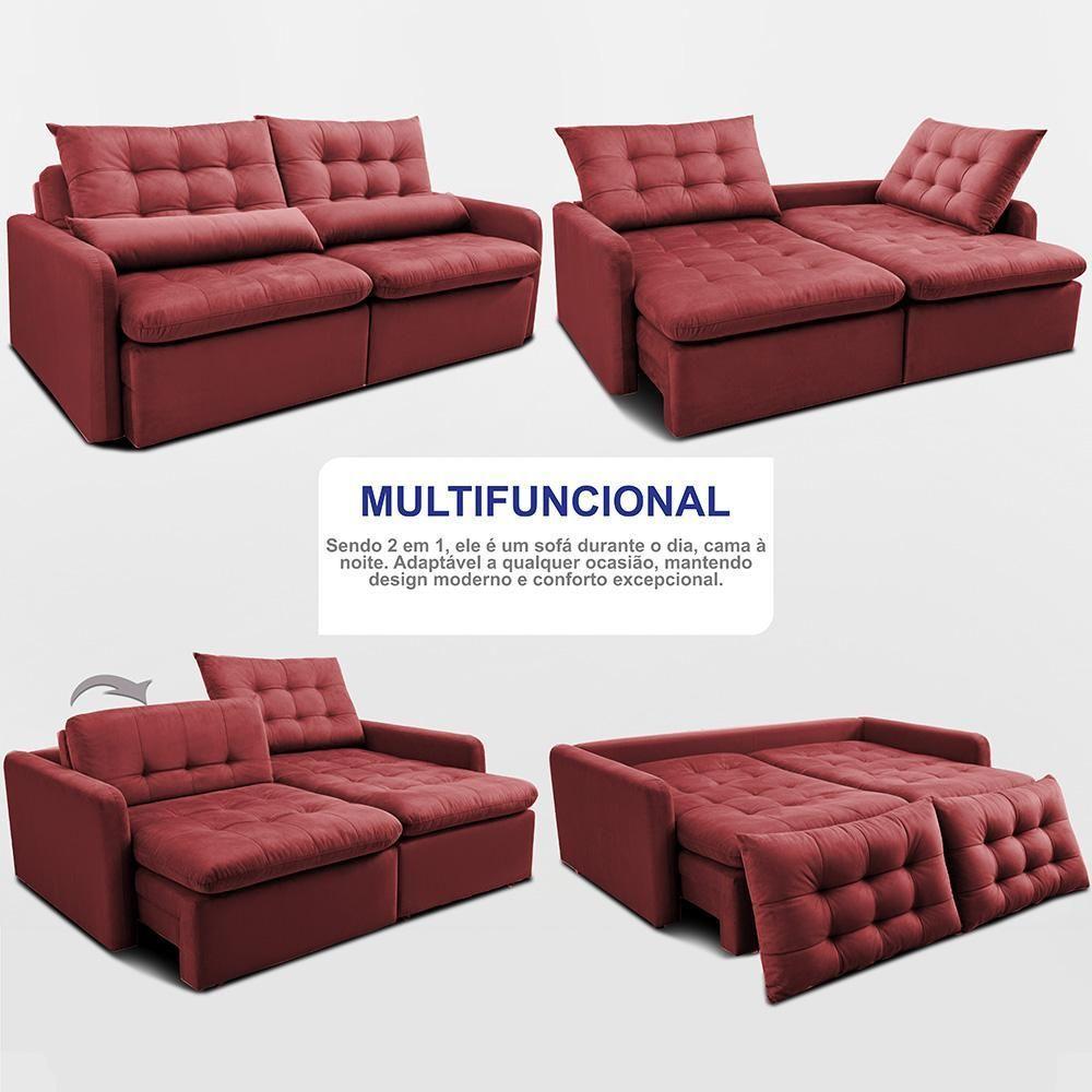 Sofá Sem Caixa Retrátil 1,80m Softgel Celeste Velusoft Vermelho Cama Inbox - 4