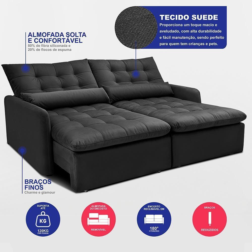 Sofá Sem Caixa Retrátil 1,80m Softgel Celeste Velusoft Preto Cama Inbox - 3