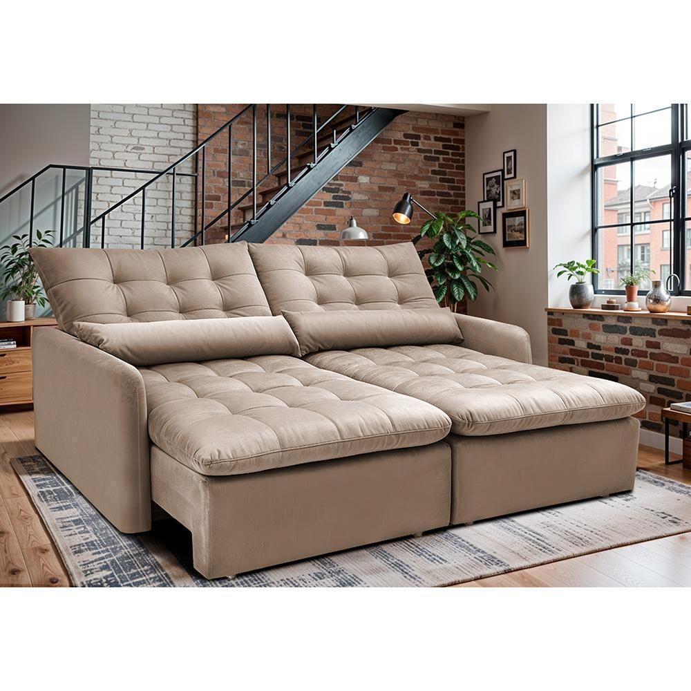 Sofá Sem Caixa Retrátil 1,80m Softgel Celeste Velusoft Bege Cama Inbox - 1