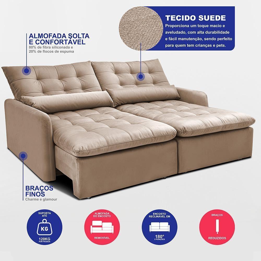 Sofá Sem Caixa Retrátil 1,80m Softgel Celeste Velusoft Bege Cama Inbox - 3