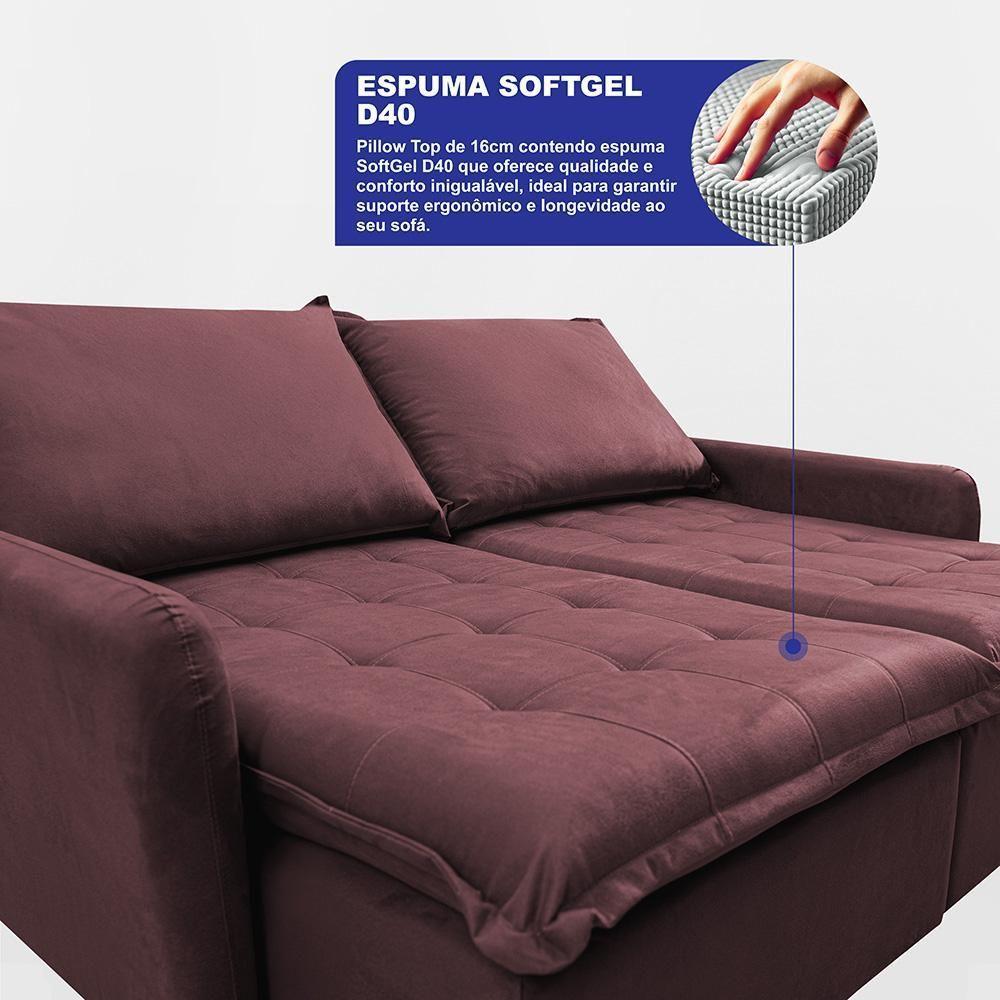 Sofá Sem Caixa Retrátil 1,60m Softgel Luna Velusoft Vinho Cama Inbox - 2