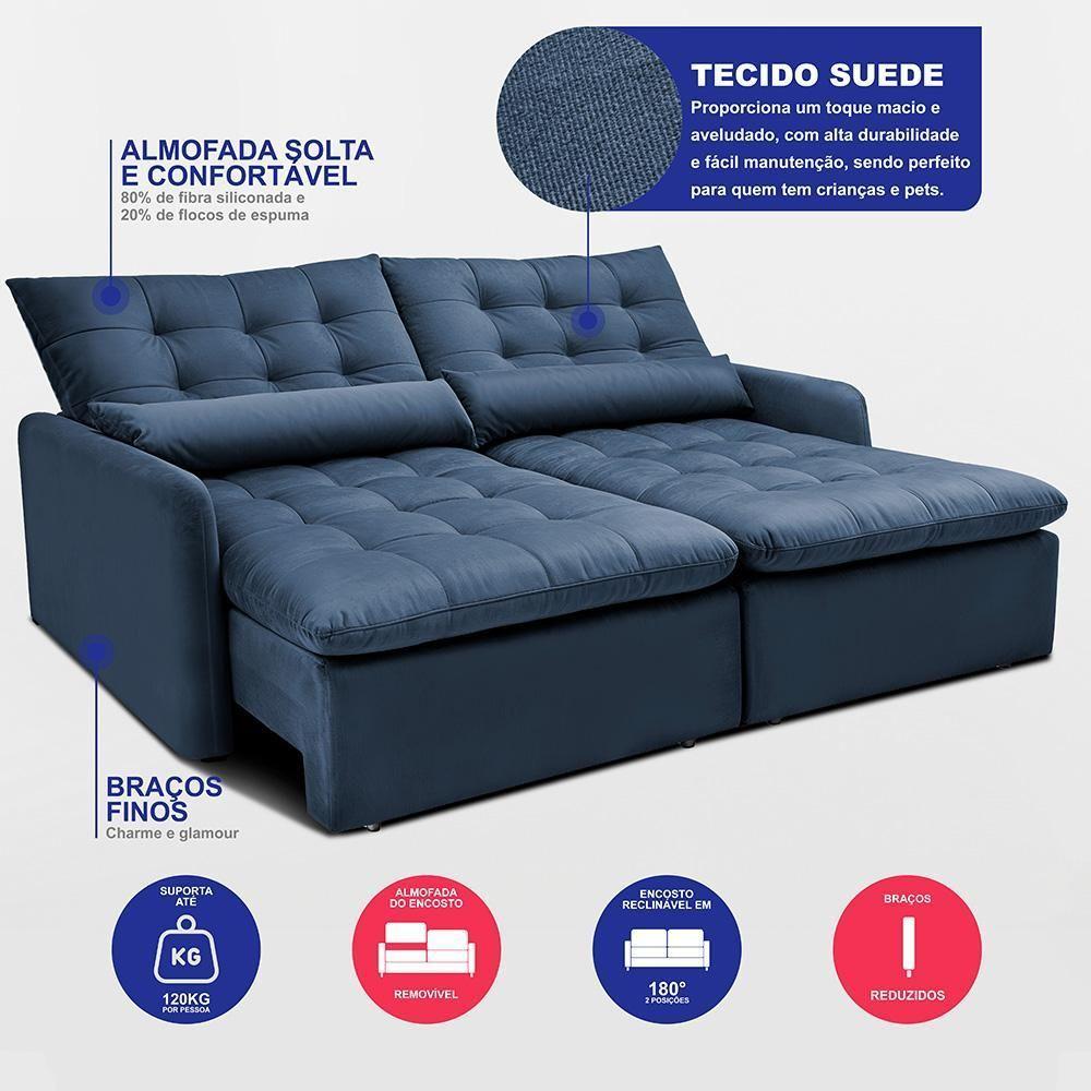 Sofá Sem Caixa Retrátil 1,80m Softgel Celeste Velusoft Azul Cama Inbox - 3