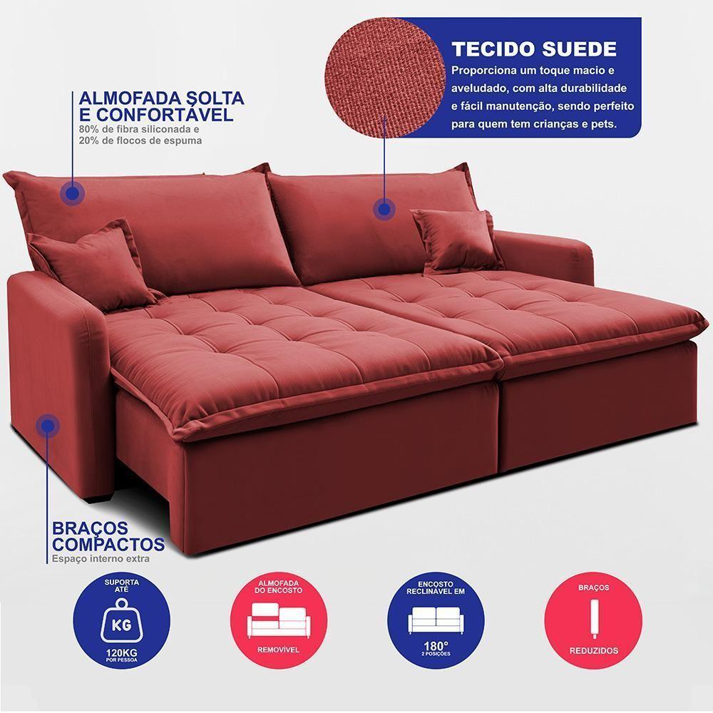 Sofá Sem Caixa Retrátil 1,60m Softgel Luna Velusoft Vermelho Cama Inbox - 3