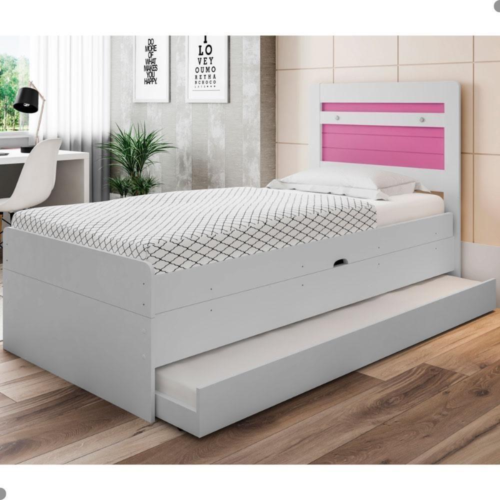 Cama Baú Solteiro Larissa Branco E Rosa Com Auxiliar - 1