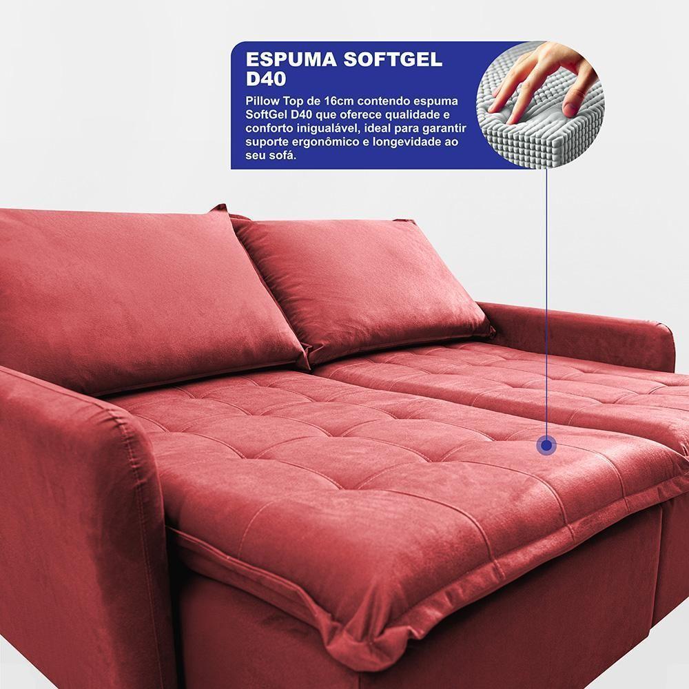 Sofá Sem Caixa Retrátil 2,00m Softgel Luna Velusoft Vermelho Cama Inbox - 2