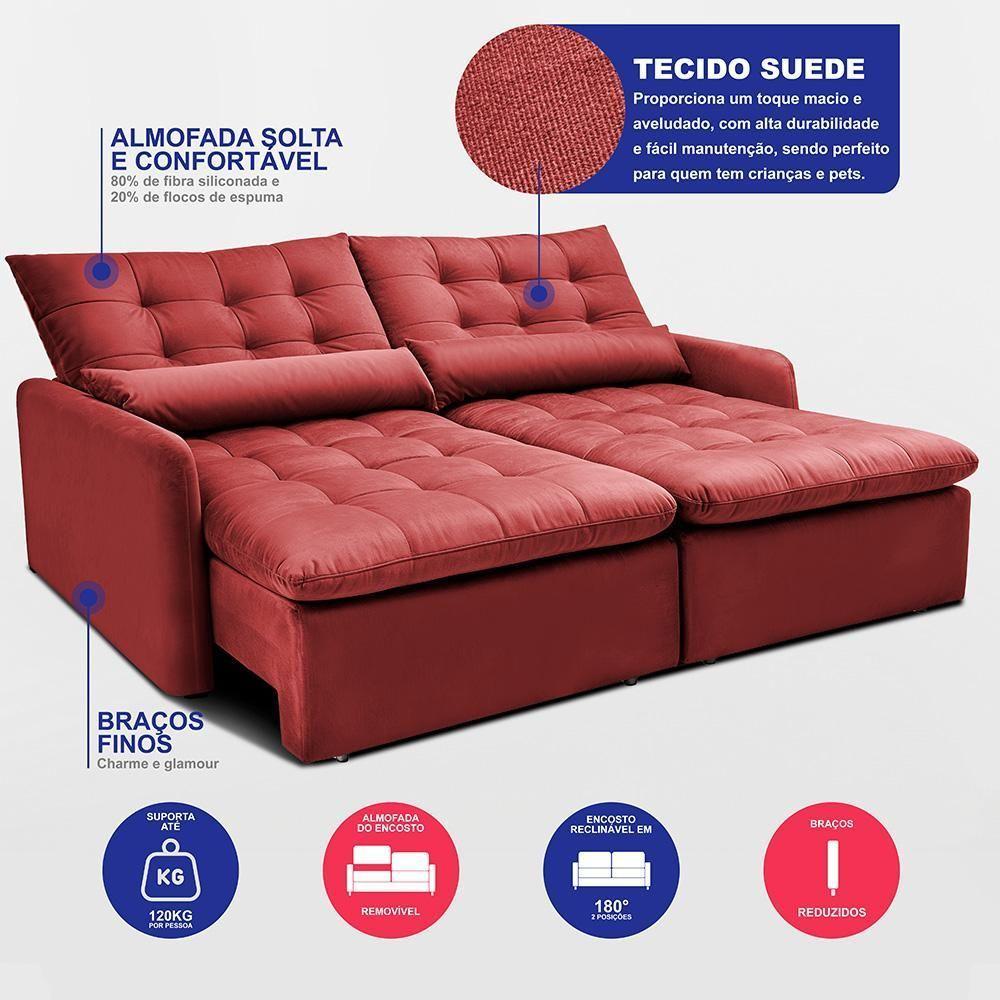 Sofá Sem Caixa Retrátil 2,00m Softgel Celeste Velusoft Vermelho Cama Inbox - 3