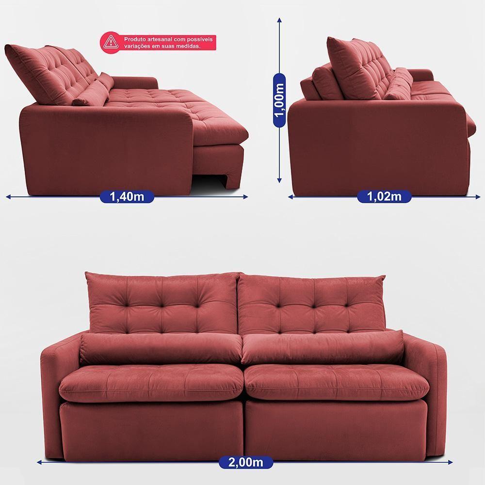 Sofá Sem Caixa Retrátil 2,00m Softgel Celeste Velusoft Vermelho Cama Inbox - 4