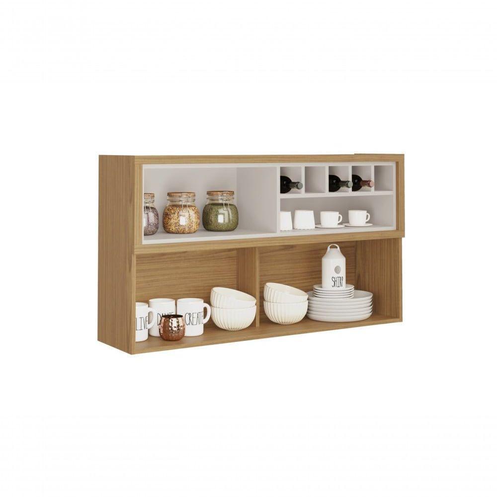 Armário Aéreo 120cm 1 Porta Horizontal Vidro E Nicho Adega New Porto - Itatiaia Freijó-off White - 3