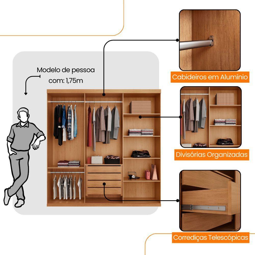 Guarda Roupa Casal Connor 100% Mdf 3 Portas 4 Gavetas Naturalle - 4
