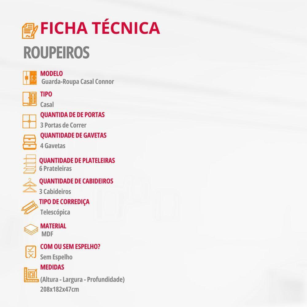 Guarda Roupa Casal Connor 100% Mdf 3 Portas 4 Gavetas Naturalle/off White - 6