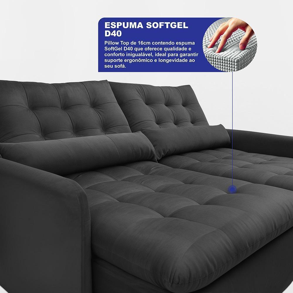 Sofá Sem Caixa Retrátil 2,00m Softgel Celeste Velusoft Preto Cama Inbox - 4