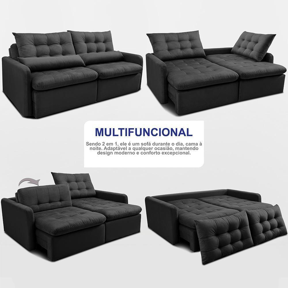 Sofá Sem Caixa Retrátil 2,00m Softgel Celeste Velusoft Preto Cama Inbox - 8