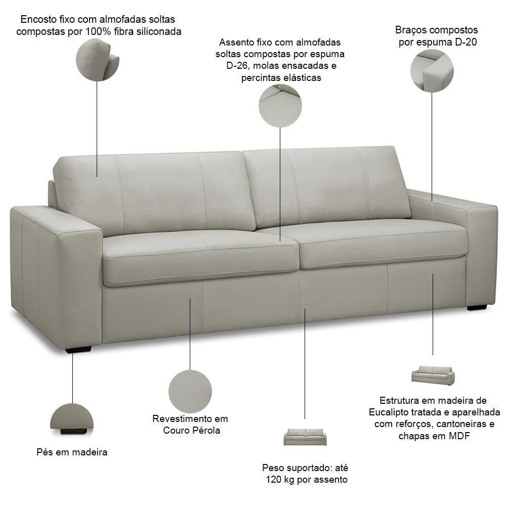 Sofá 3 Lugares Para Sala De Estar Living 235cm Aurora L06 Couro Pérola - Lyam Decor - 3