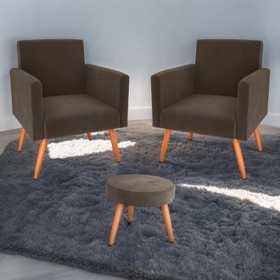 Conjunto De Poltronas E Puff Anari Veludo Marrom Casa H