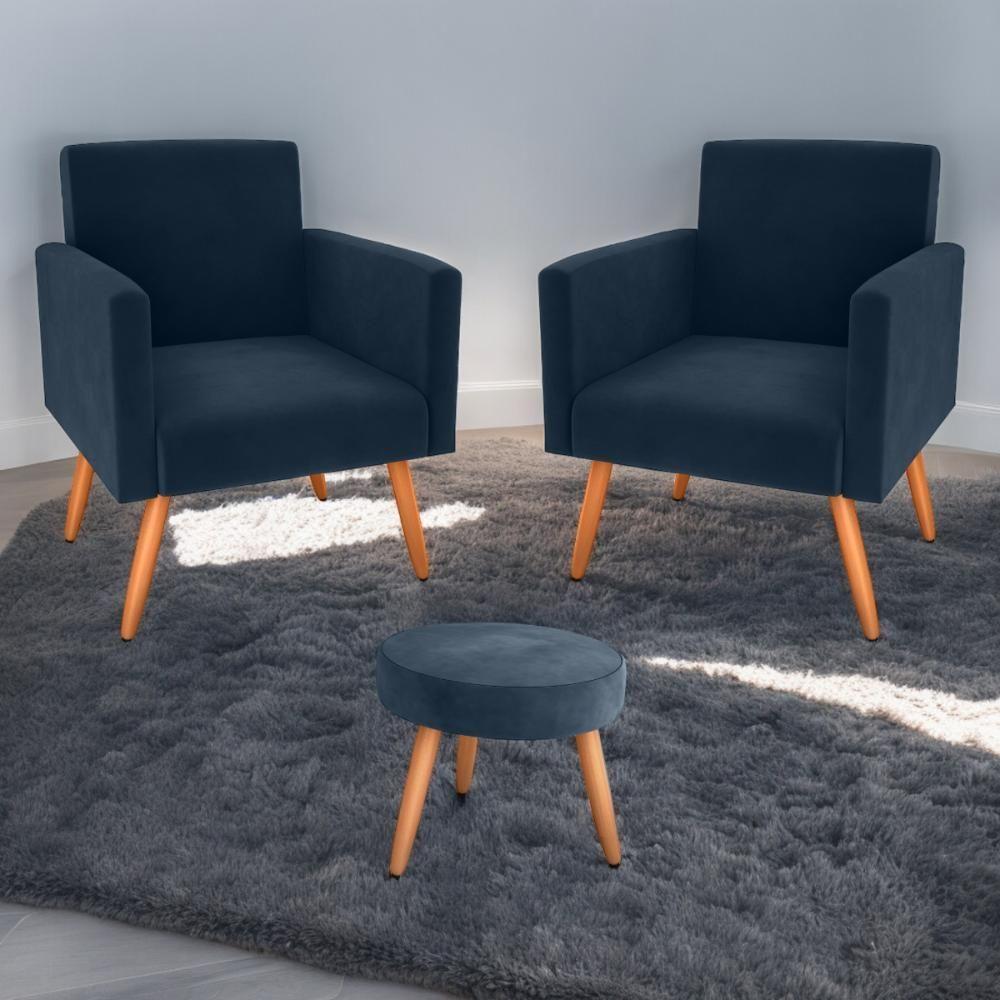 Conjunto Poltronas E Puff Anari Veludo Azul - 1