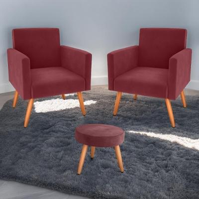 Conjunto Poltronas e Puff Anari Veludo Vinho Casa H