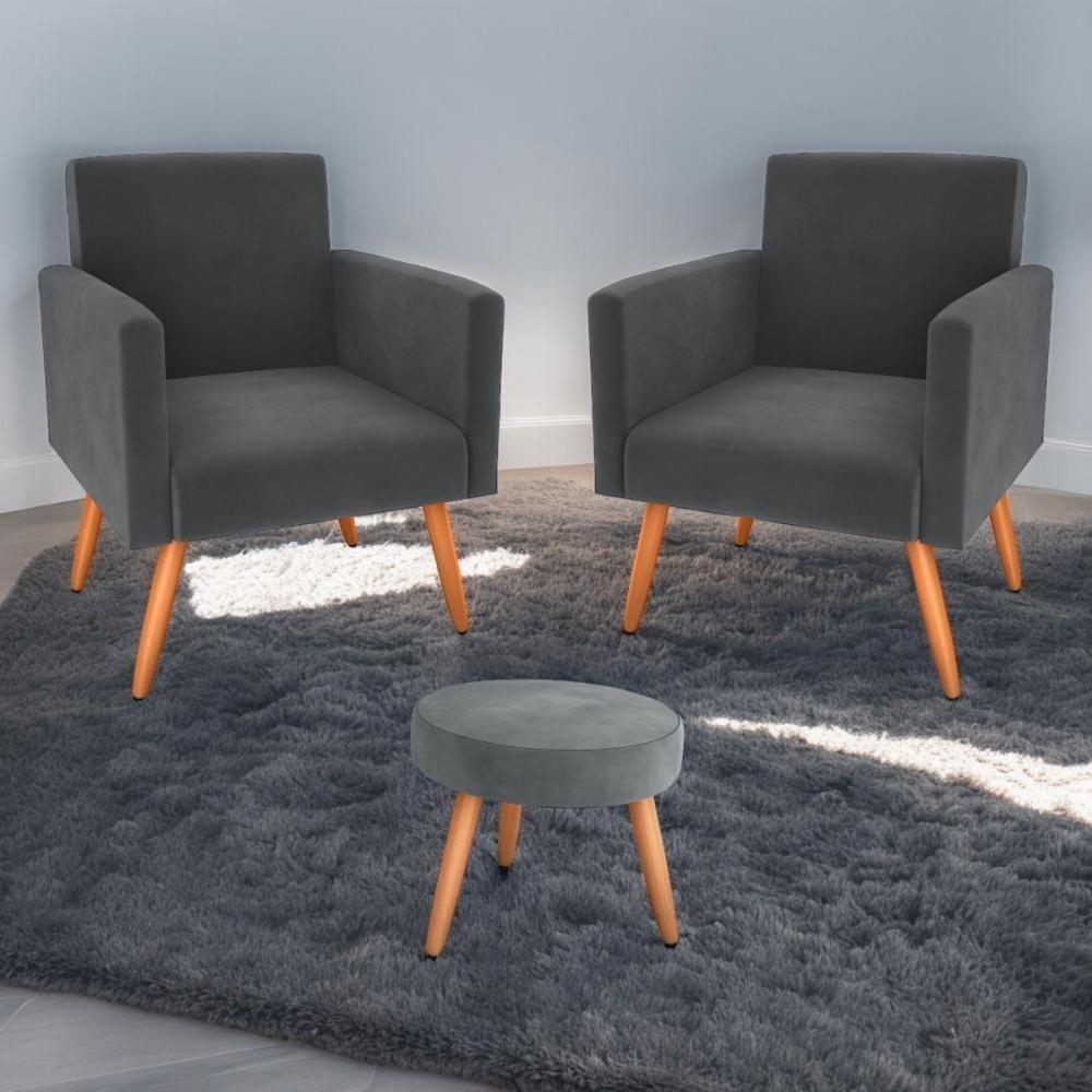 Conjunto Poltronas E Puff Anari Veludo Cinza - 1