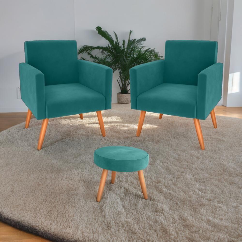 Conjunto Poltronas E Puff Iara Veludo Verde Menta - 1