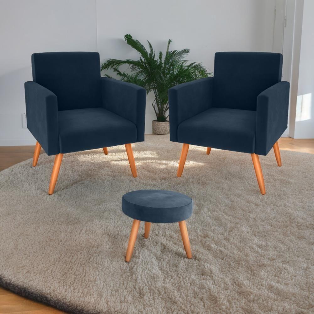 Conjunto Poltronas E Puff Iara Veludo Azul - 1