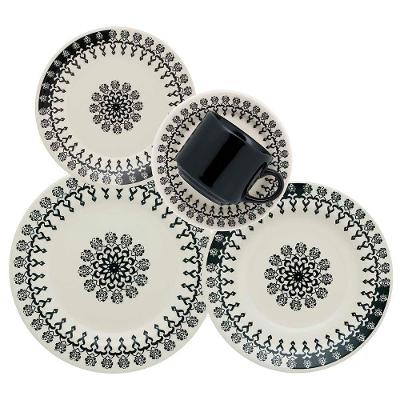 Aparelho de Jantar Folk 30 Peças Cerâmica Floral Branco e Preto Oxford