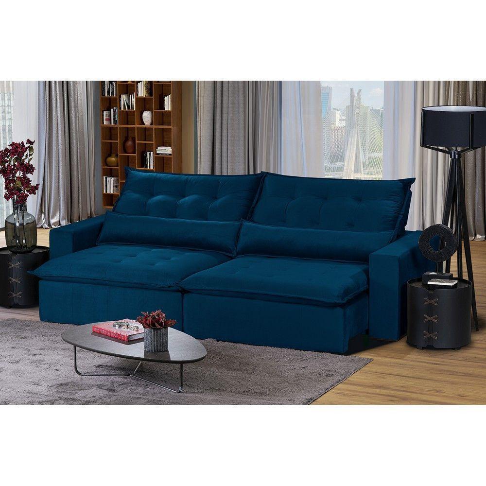 Sofá 4 Lugares 2,30 Mt Com Molas Retrátil E Reclinável Azul - 1