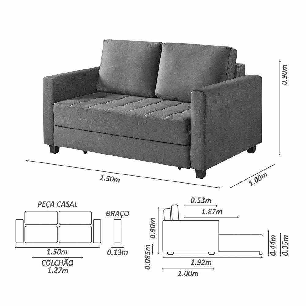 Sofá Cama 2 Lugares 150 Casal Veludo Paris Cinza C/ Castanho - 4