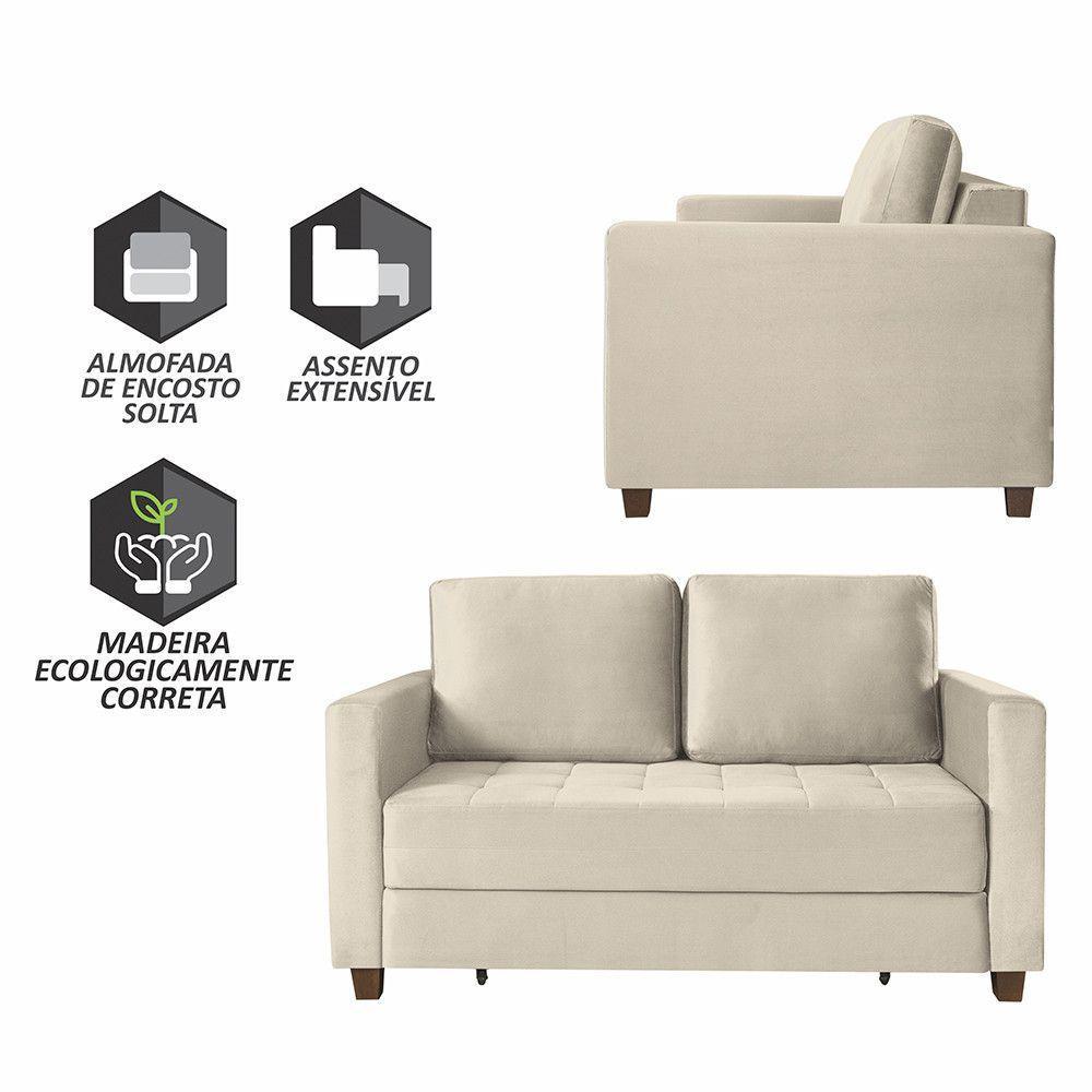 Sofá Cama Marcelle 2 Lugares Casal Veludo Paris Pés De Madeira Talento Móveis Bege Claro - 2