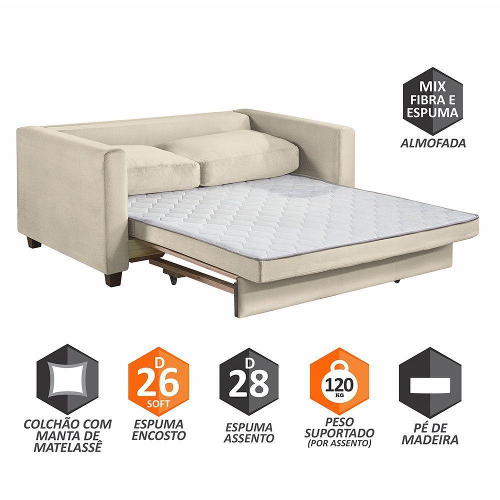 Sofá Cama Marcelle 2 Lugares Casal Veludo Paris Pés De Madeira Talento Móveis Bege Claro - 3