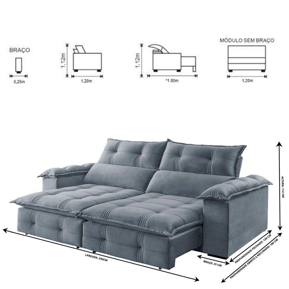 Sofá Retrátil E Reclinável 2,90m 5 Lugares Prata - 7