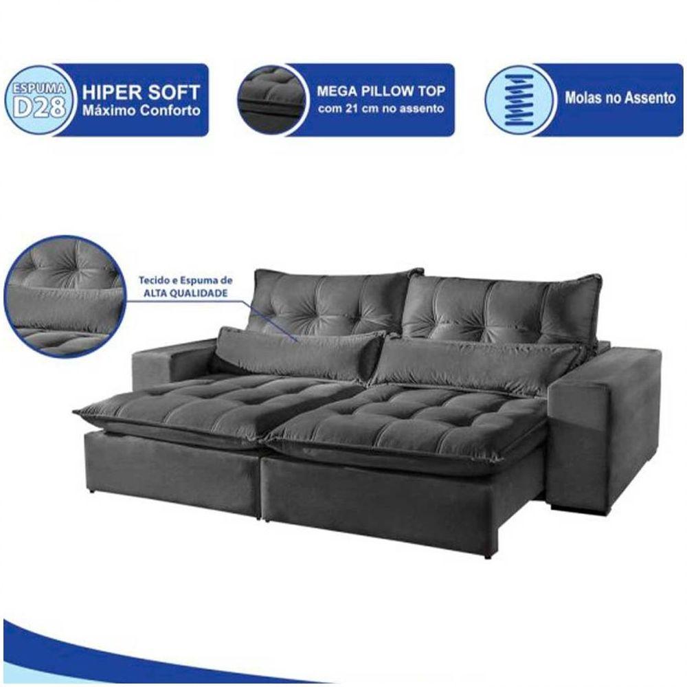 Sofá Máximo 4 Lugares Retrátil Reclinável 2.50m Veludo Mundial Estofados Cinza Profundo - 3