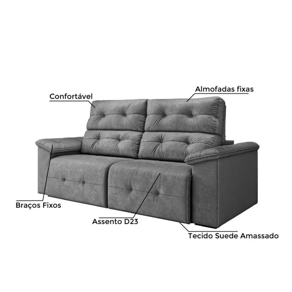 Sofá Retrátil Reclinável 1,95m Cama 3 Lugares Marrocos Cinza Suede Cinza - 3