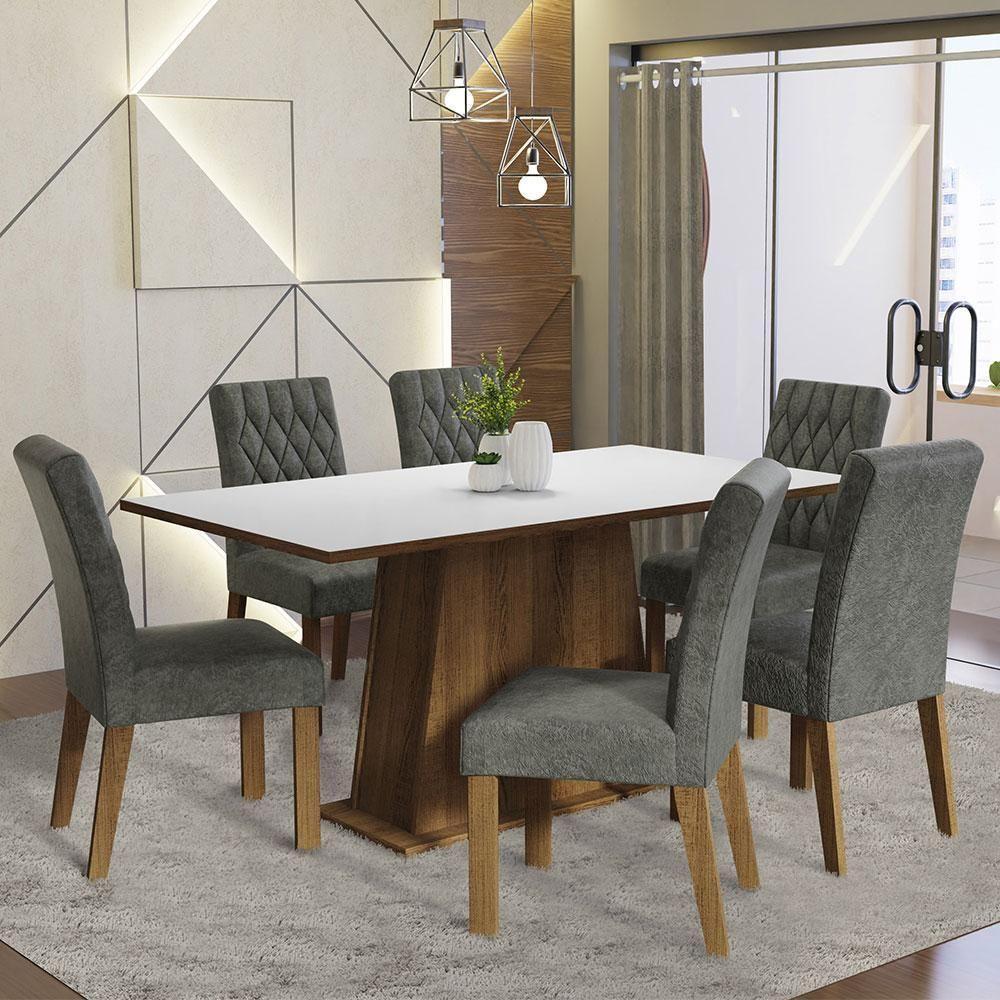 Conjunto Sala De Jantar Mesa Tampo De Madeira 6 Cadeiras Rustic/branco/silver Britney Madesa - 1