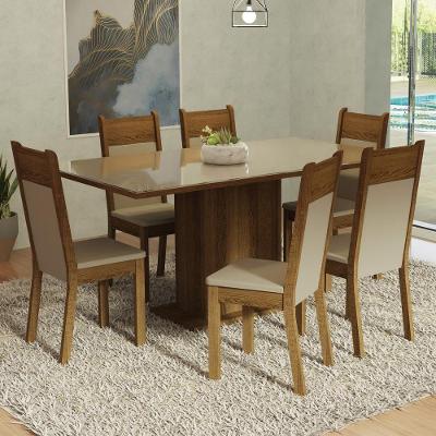 Conjunto Sala de Jantar Francine 6 Lugares Mesa Tampo de Vidro com Cadeiras Estofadas Crema Rustic