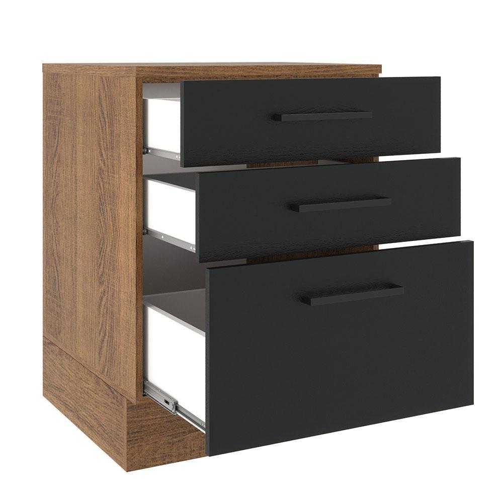 Balcão Madesa Agata 60cm 3 Gavetas Rustico Preto - 3