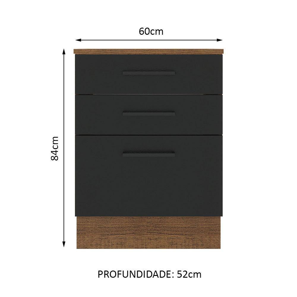 Balcão Madesa Agata 60cm 3 Gavetas Rustico Preto - 9