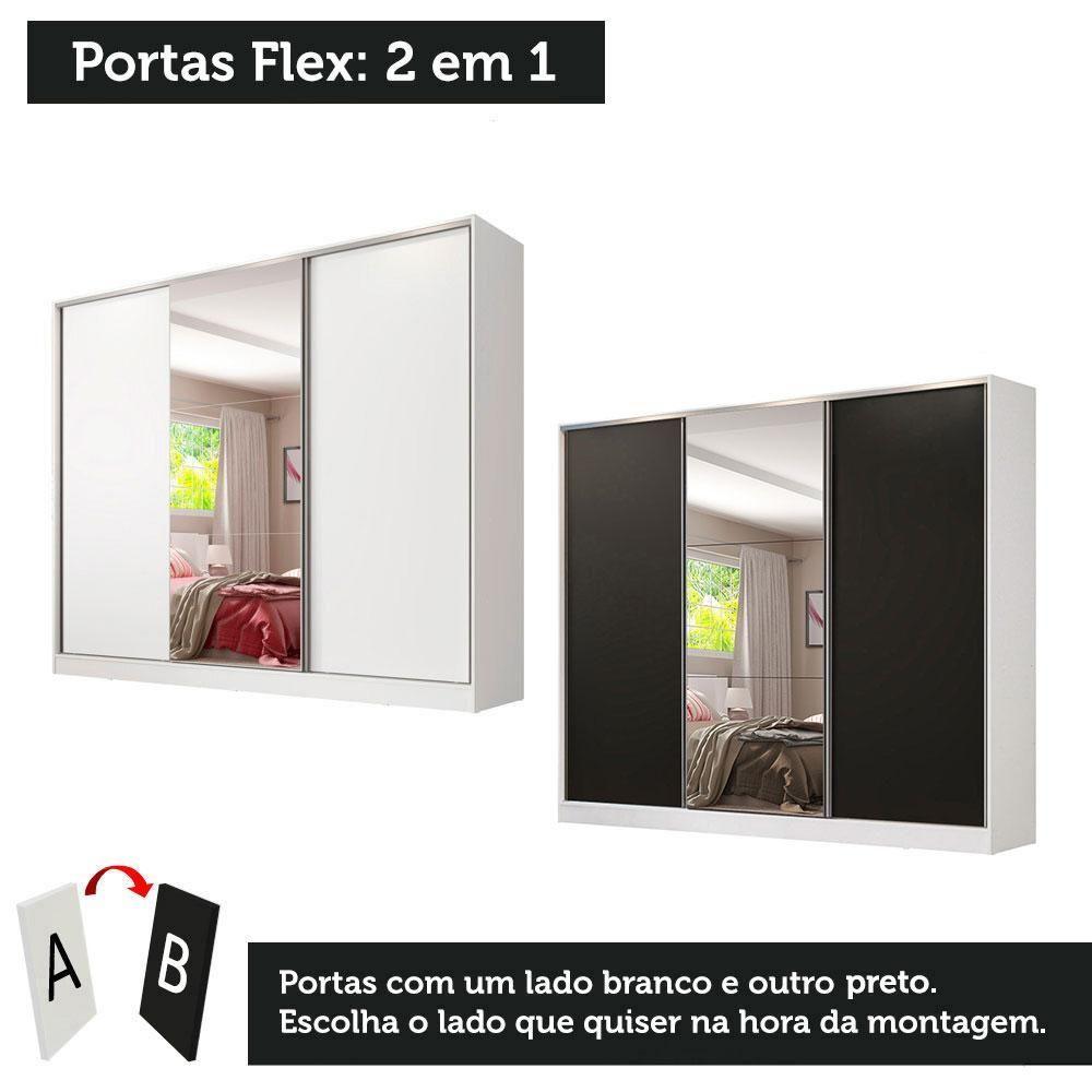 Guarda Roupa Casal 3 Portas de Correr Espelho Branco e Preto - 10